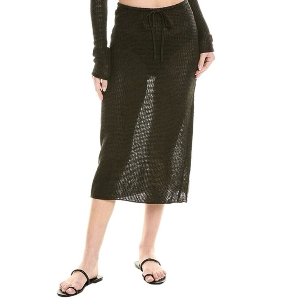 Onia Black 100% Linen Knit Crochet Low Rise Semi Sheer Pull On Midi Skirt S - Picture 1 of 11